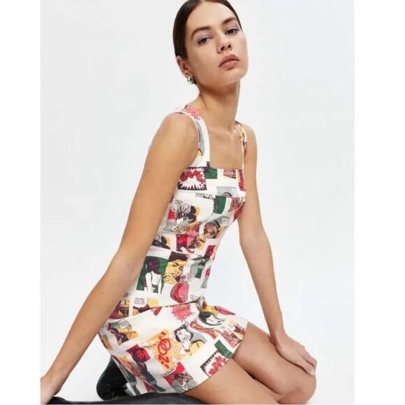 Reformation Davies Bustier Denim Mini Dress comic print sz 2 - Picture 2 of 9